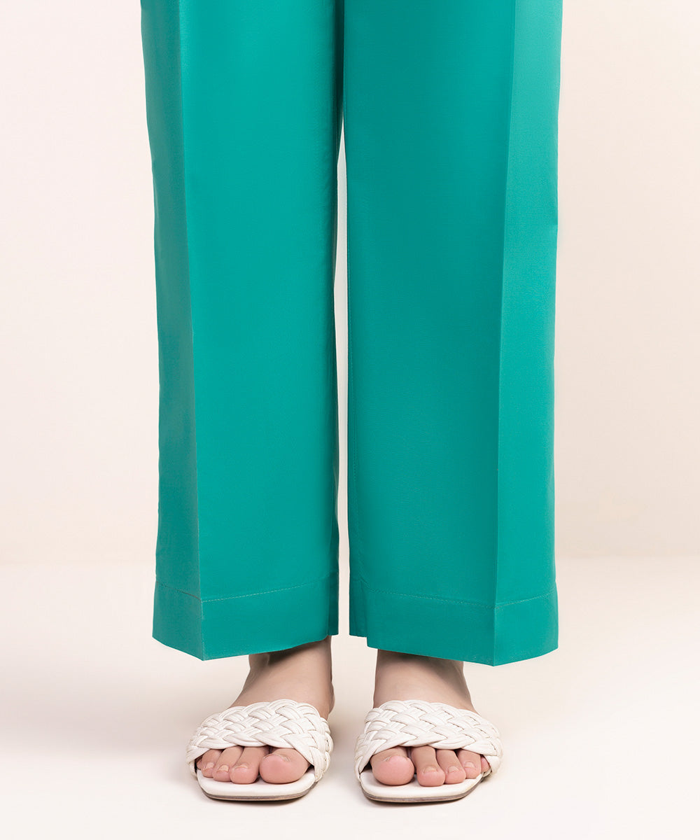 Women's Pret Cambric Green Solid Straight Pants