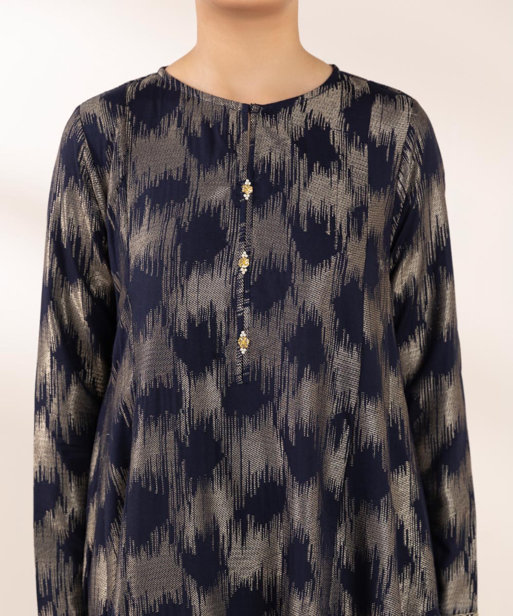 Women's Pret Extra Weft Jacquard Embroidered Blue A-Line Shirt