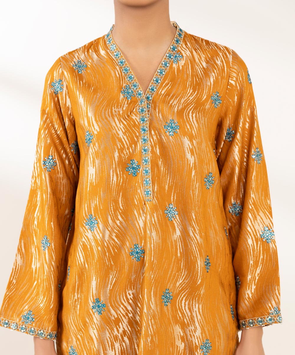 Women's Pret Extra Weft Jacquard Embroidered Orange A-Line Shirt