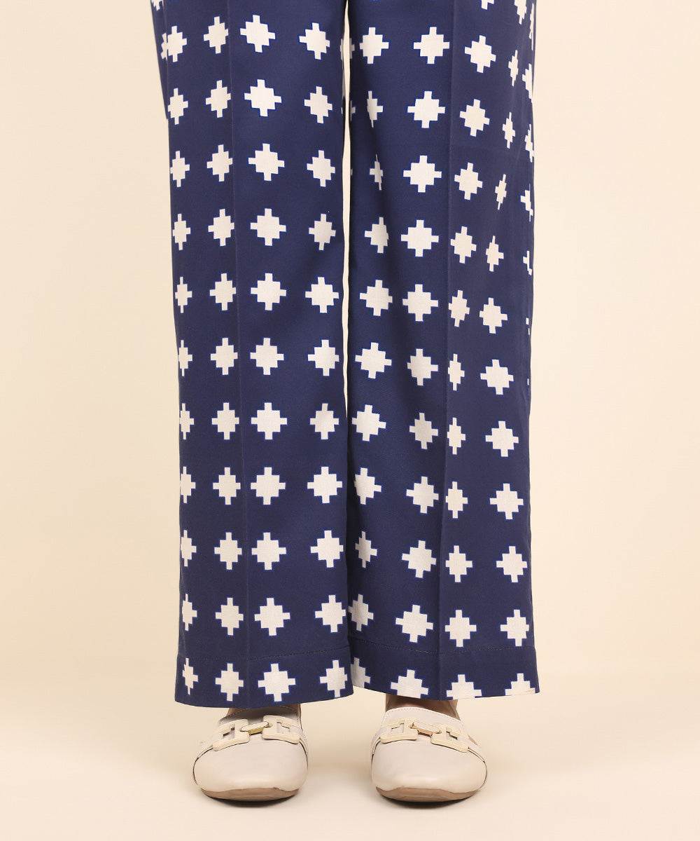 Women's Pret Cotton Satin Blue Printed Straight Pants