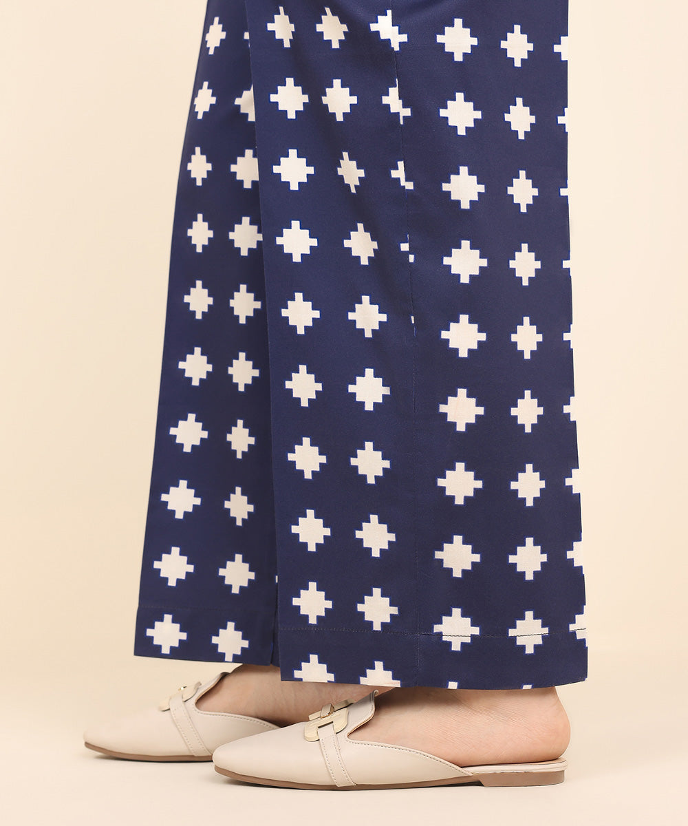 Women's Pret Cotton Satin Blue Printed Straight Pants