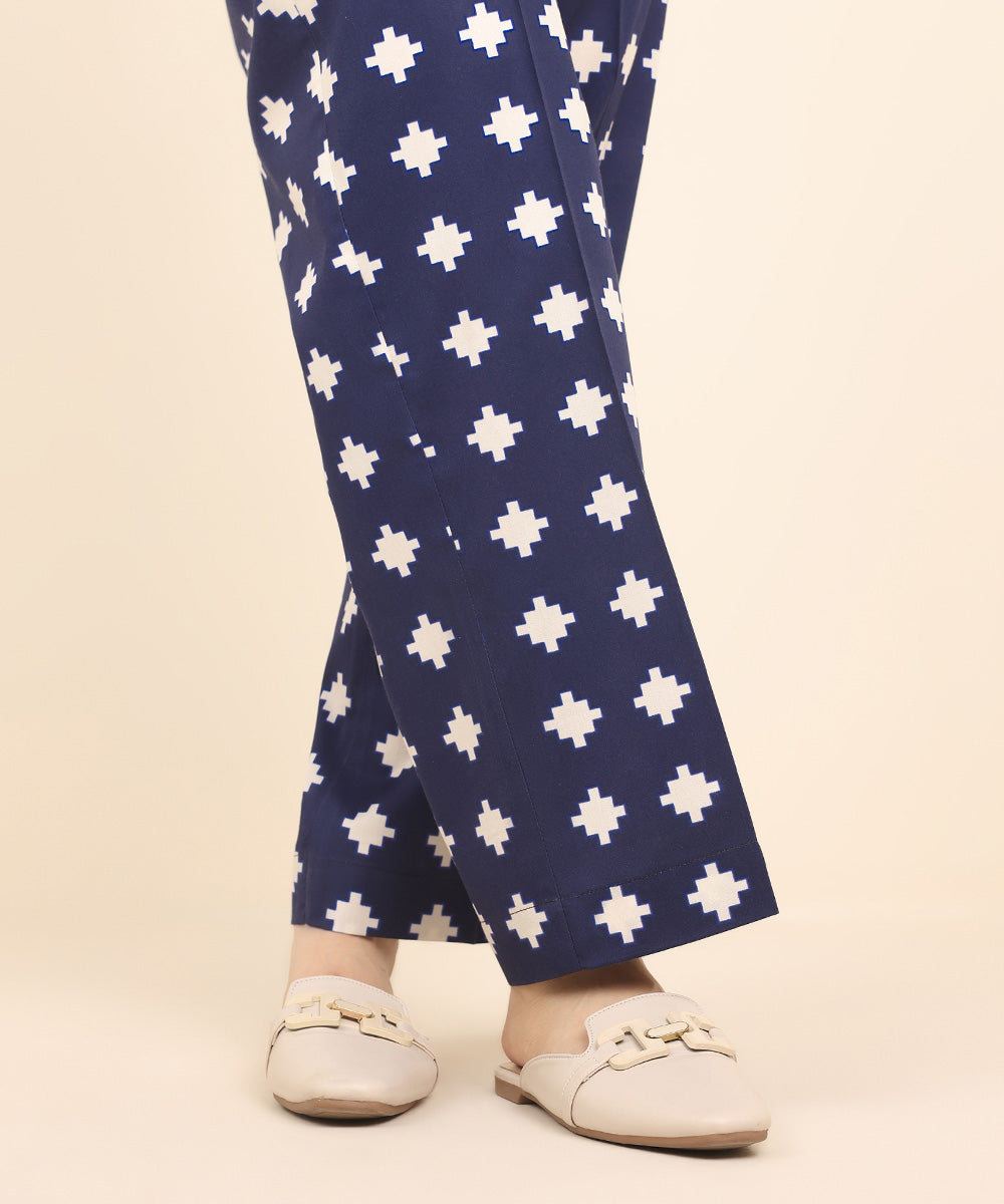 Women's Pret Cotton Satin Blue Printed Straight Pants