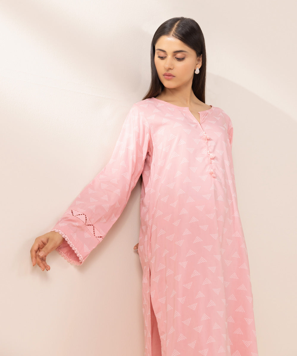 Women's Pret Cotton Viscose Printed Pink Straight Shirt