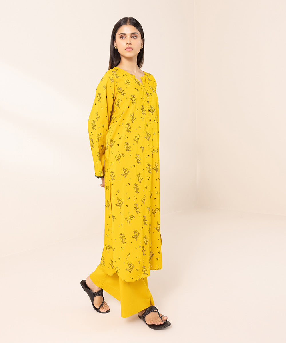 Women's Pret Cotton Viscose Printed Yellow Straight Shirt