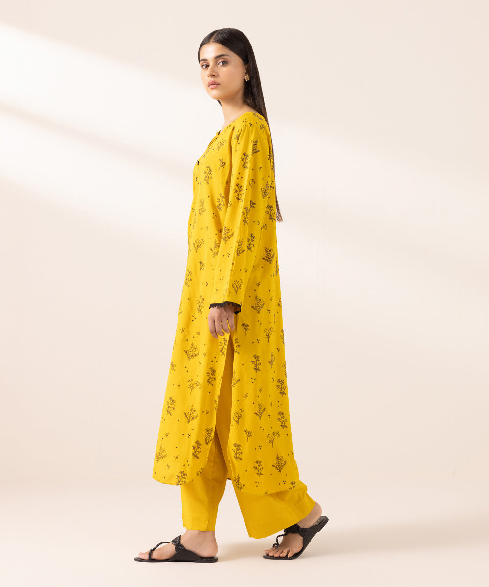 Women's Pret Cotton Viscose Printed Yellow Straight Shirt