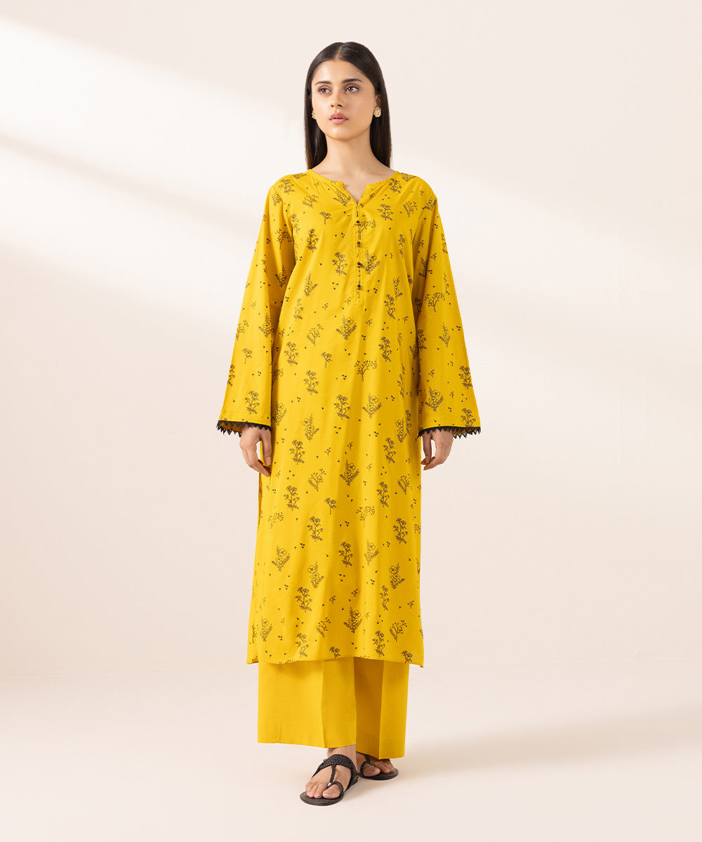 Women's Pret Cotton Viscose Printed Yellow Straight Shirt