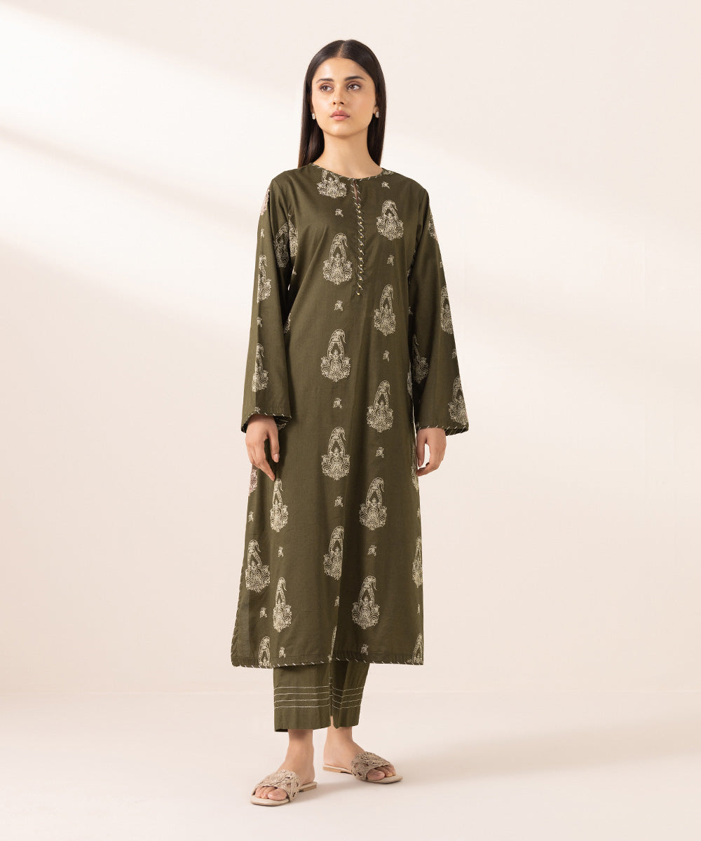 Women's Pret Cotton Viscose Printed Brown A-Line Shirt