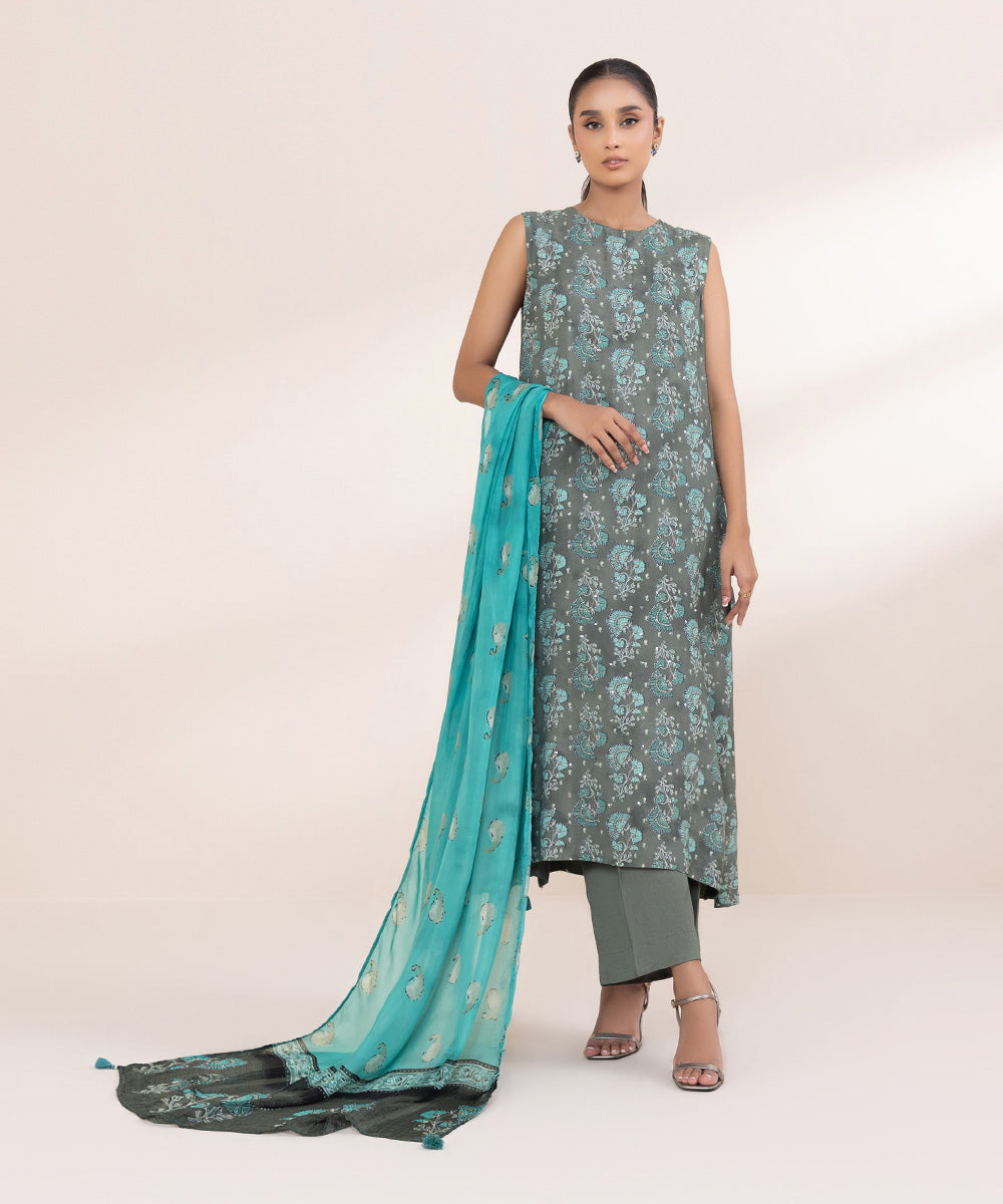 Bemberg Tissue Blue Printed Dupatta