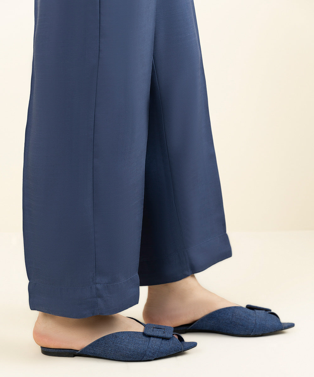 Women's Pret Viscose Raw Silk Solid Blue Straight Pants