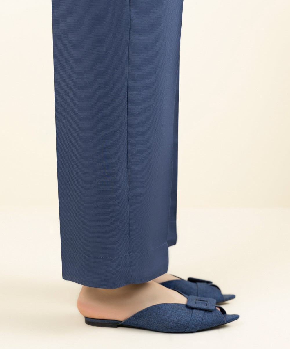 Women's Pret Viscose Raw Silk Solid Blue Straight Pants