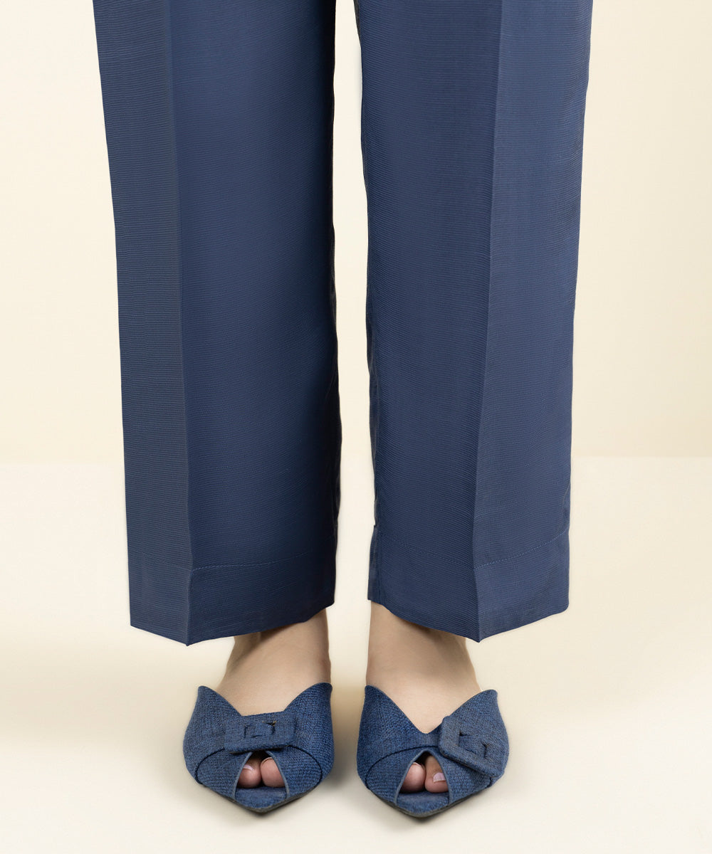 Women's Pret Viscose Raw Silk Solid Blue Straight Pants