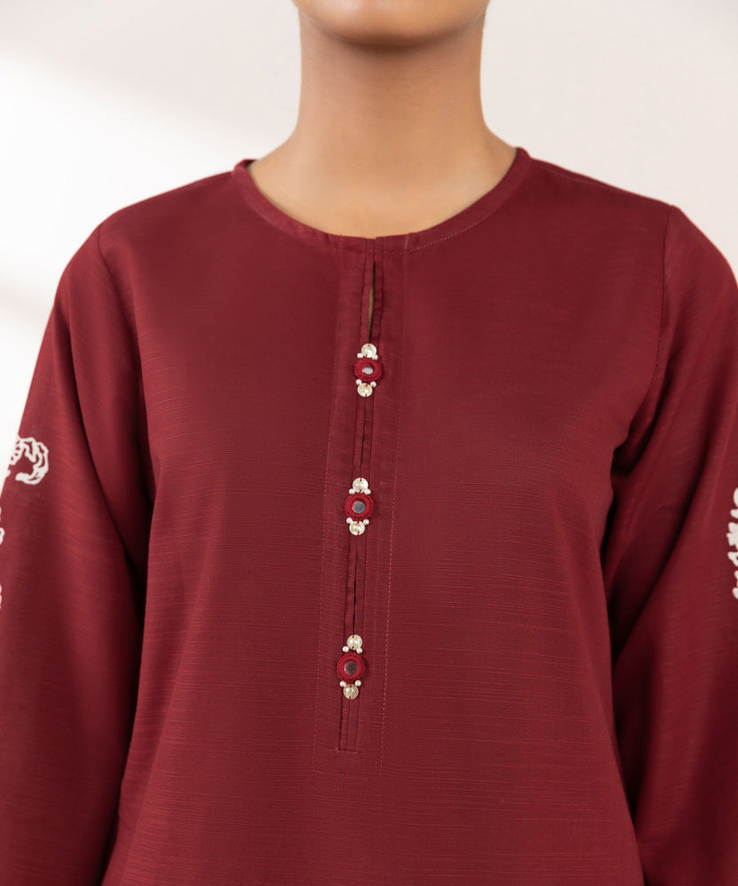 Women's Pret Khaddar Printed Red A-Line Shirt