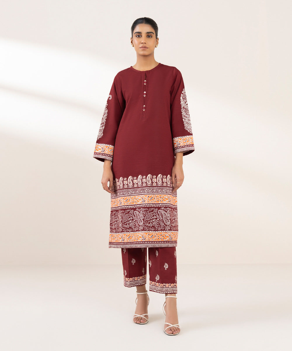 Women's Pret Khaddar Printed Red A-Line Shirt