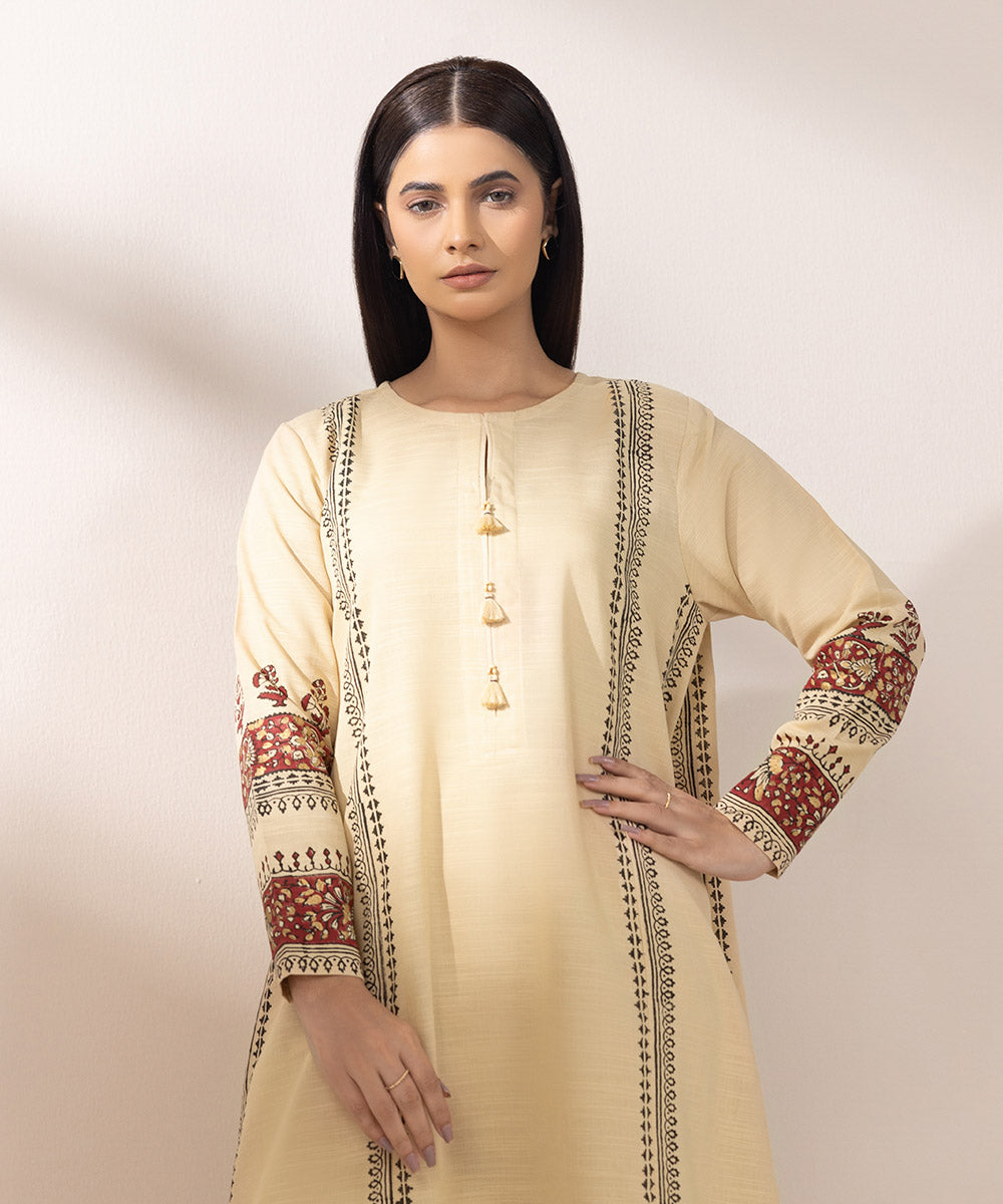 Women's Pret Khaddar Printed Beige A-Line Shirt