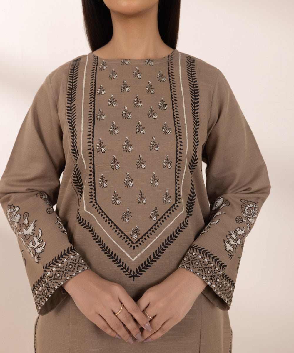 Women's Pret Khaddar Printed Brown A-Line Shirt