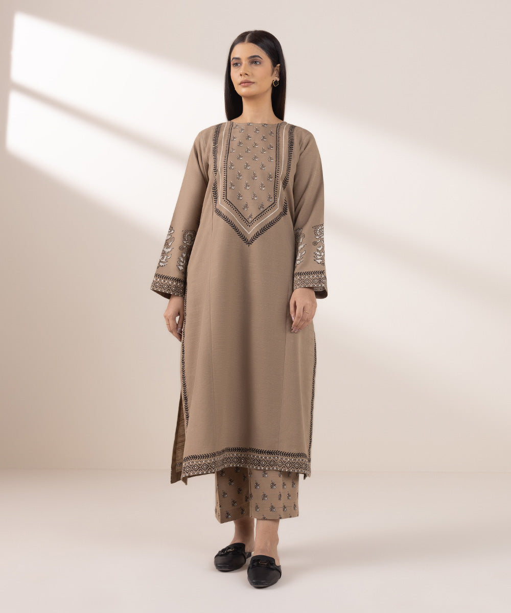 Women's Pret Khaddar Printed Brown A-Line Shirt