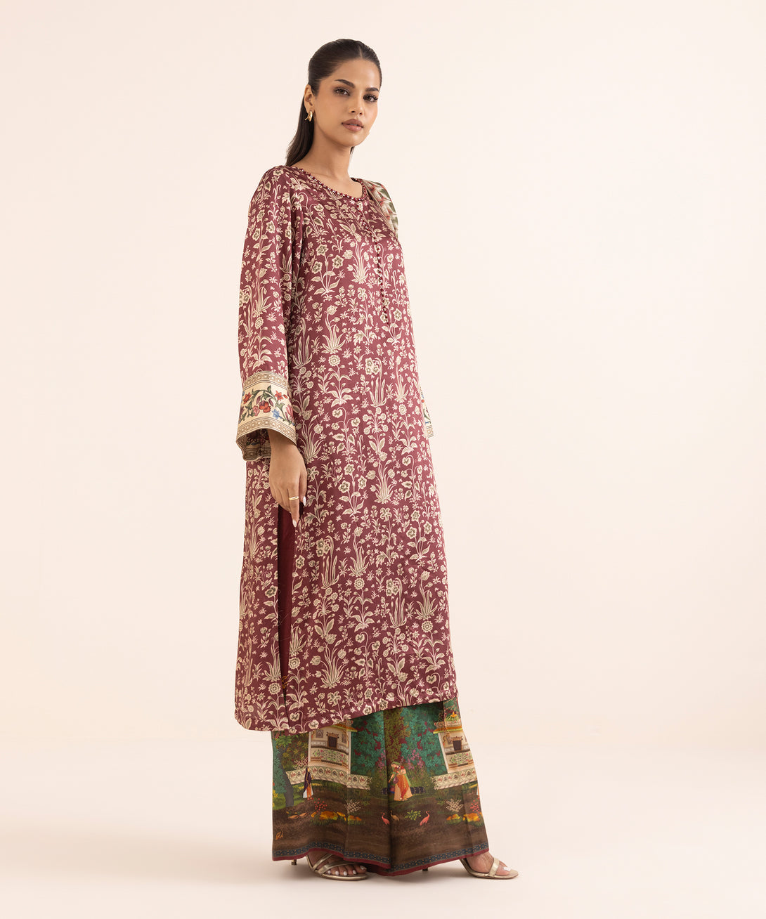 Women's RTW Blended Satin Red Printed 3 Piece Suit