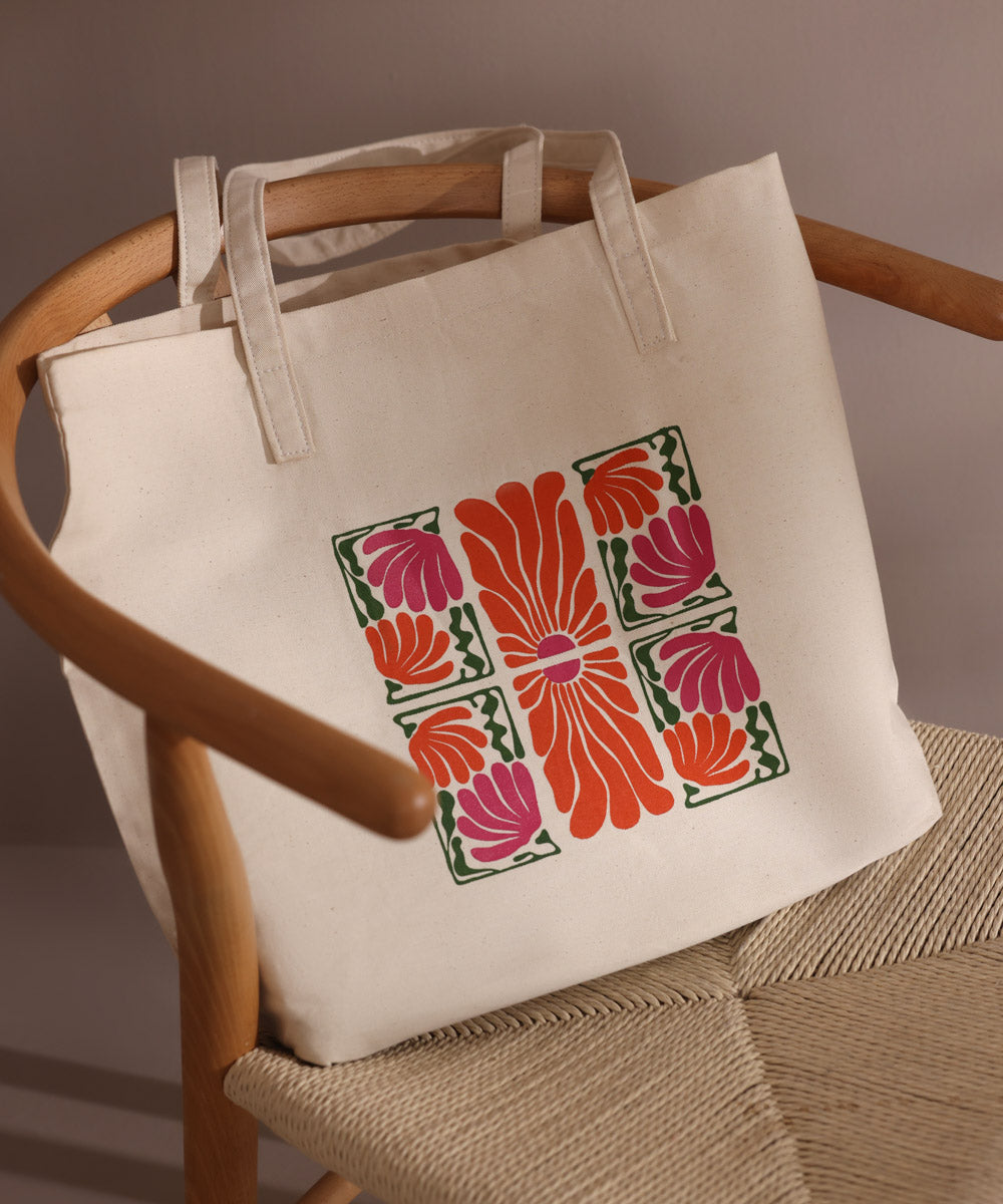 Digitally Printed Beige Cotton Fabric Tote Bag