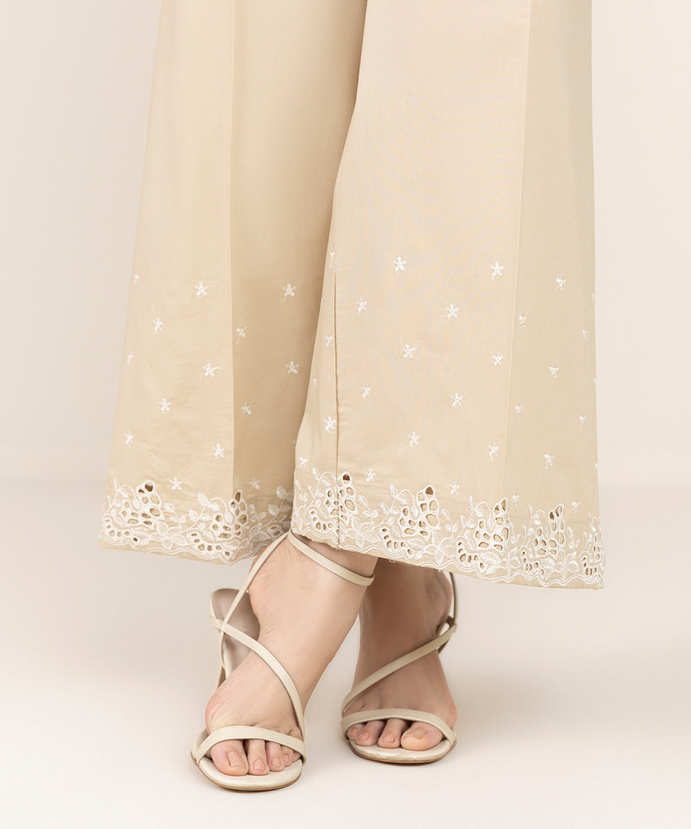 Women's Pret Cambric Beige Embroidered Flared Pants