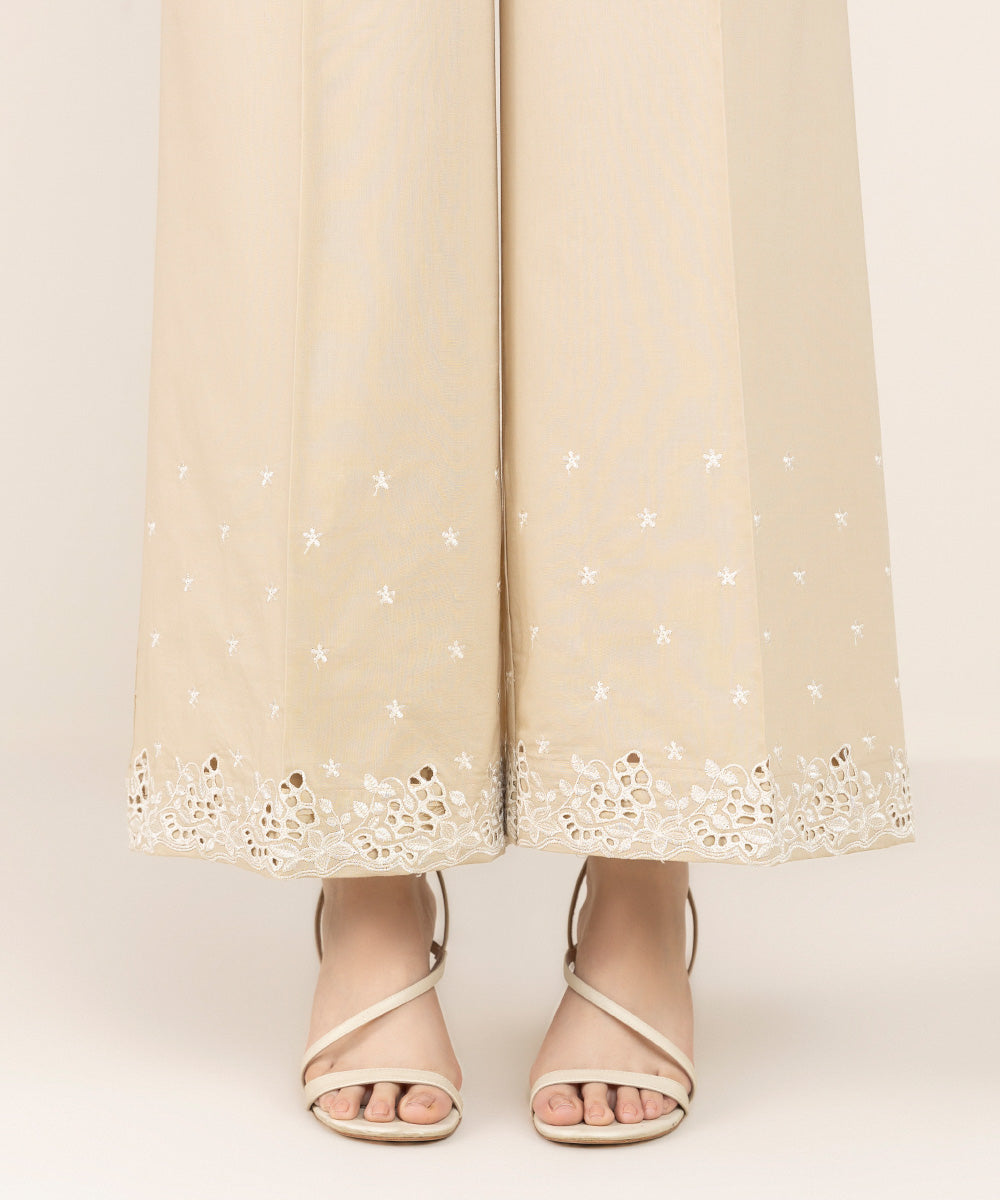 Women's Pret Cambric Beige Embroidered Flared Pants