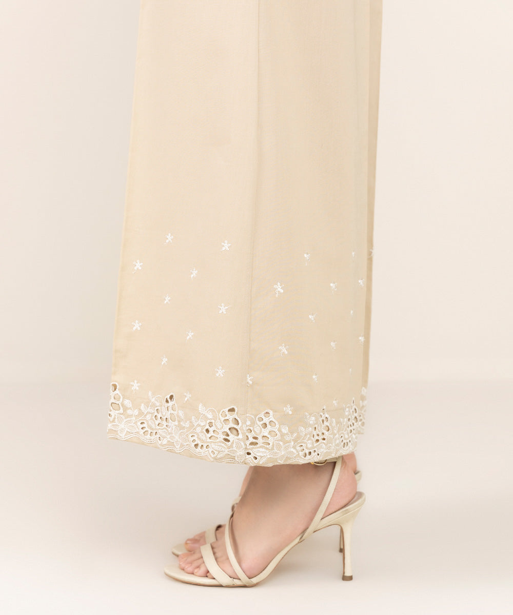 Women's Pret Cambric Beige Embroidered Flared Pants