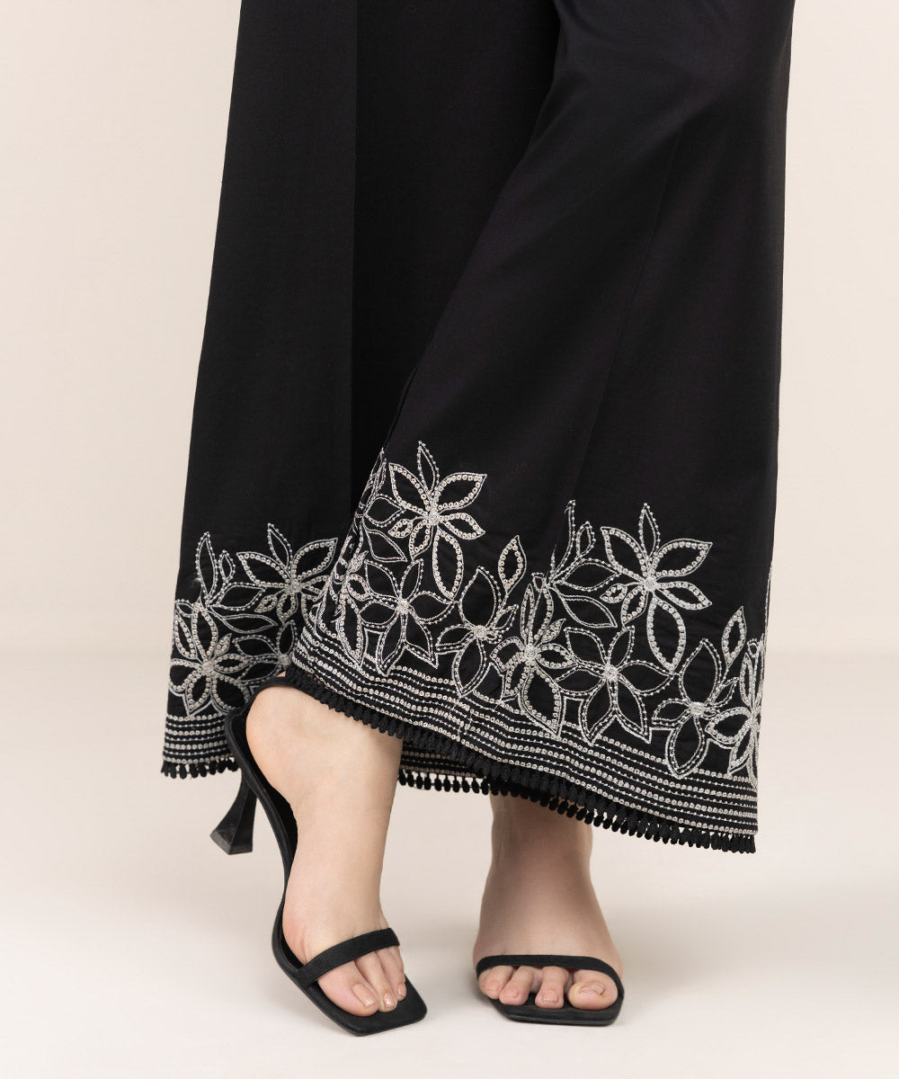 Women's Pret Cambric Black Embroidered Flared Pants