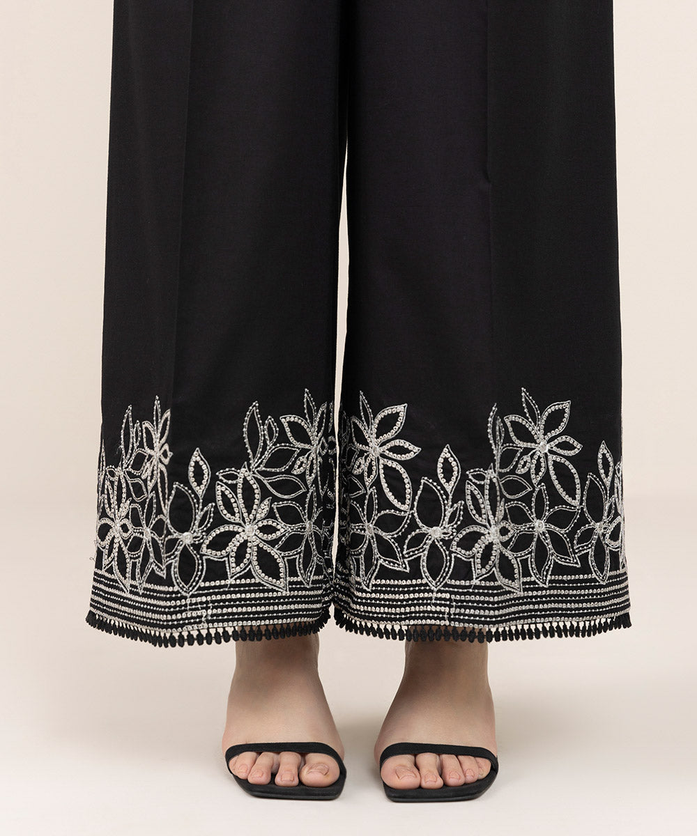 Women's Pret Cambric Black Embroidered Flared Pants