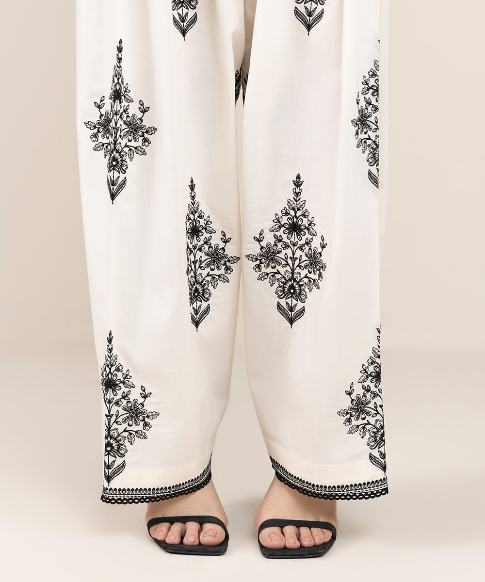 Women's Pret Cambric Off White Embroidered Shalwar