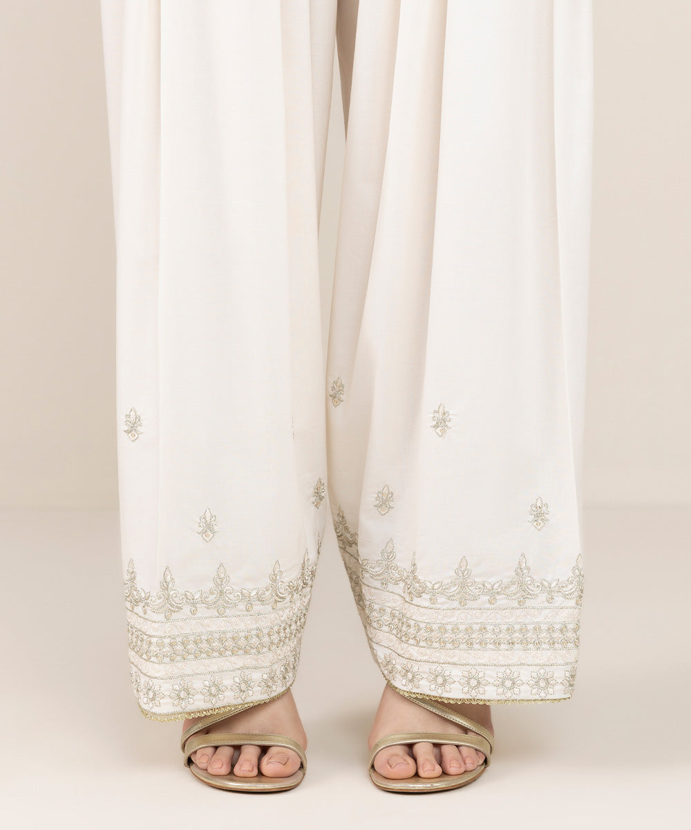 Women's Pret Cambric Off White Embroidered Shalwar