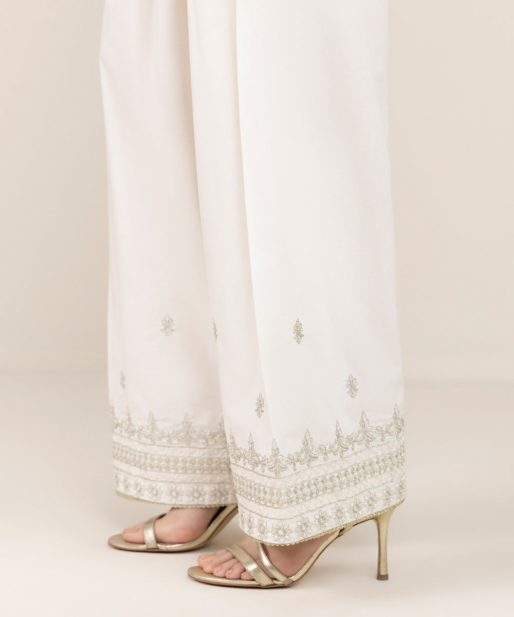 Women's Pret Cambric Off White Embroidered Shalwar