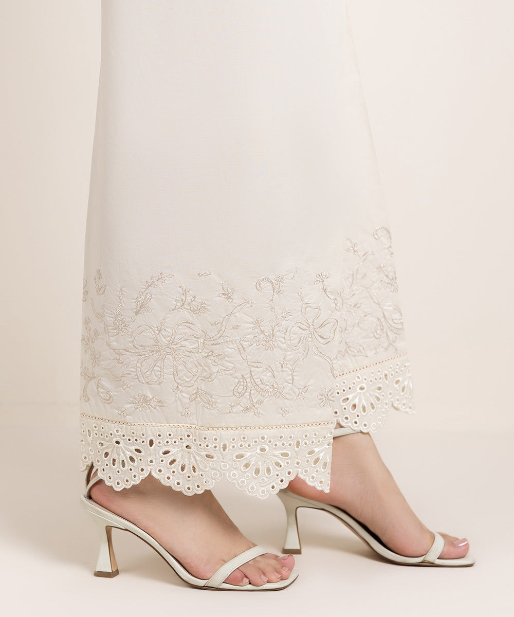 Women's Pret Cambric Embroidered Off White Culottes