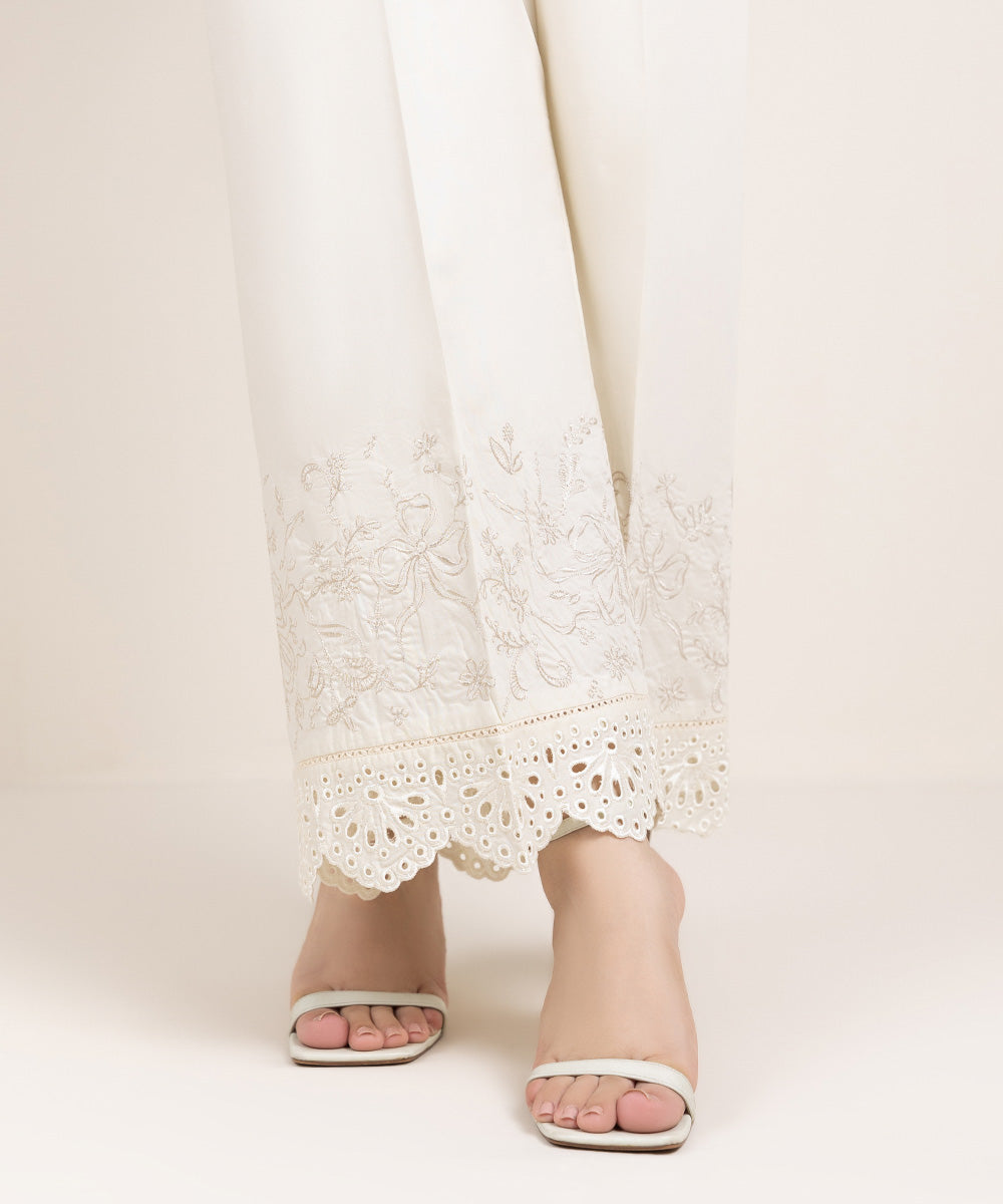 Women's Pret Cambric Embroidered Off White Culottes