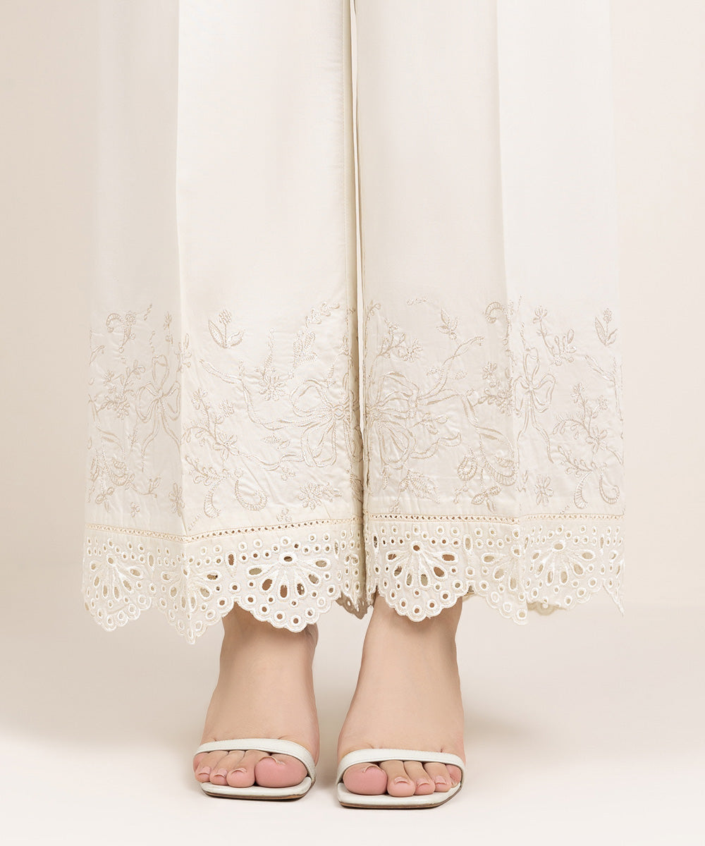 Women's Pret Cambric Embroidered Off White Culottes