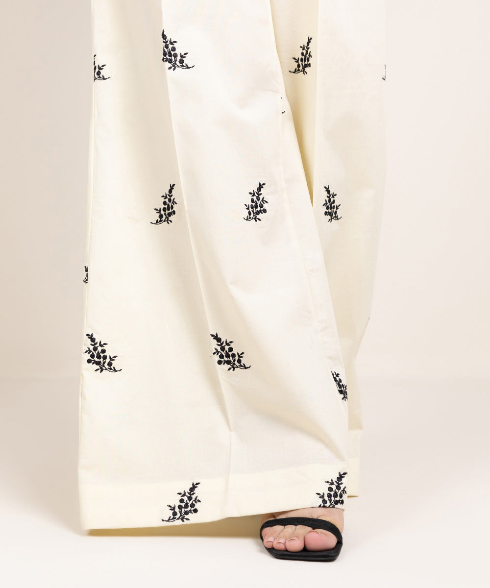 Women's Pret Cambric Embroidered Off White Flared Pants