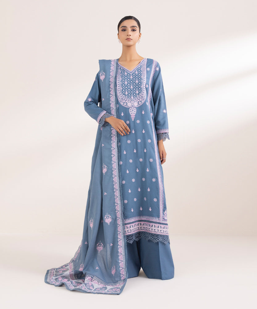 Women's Pret Solid Embroidered Blue Grey Cotton Karandi Dupatta