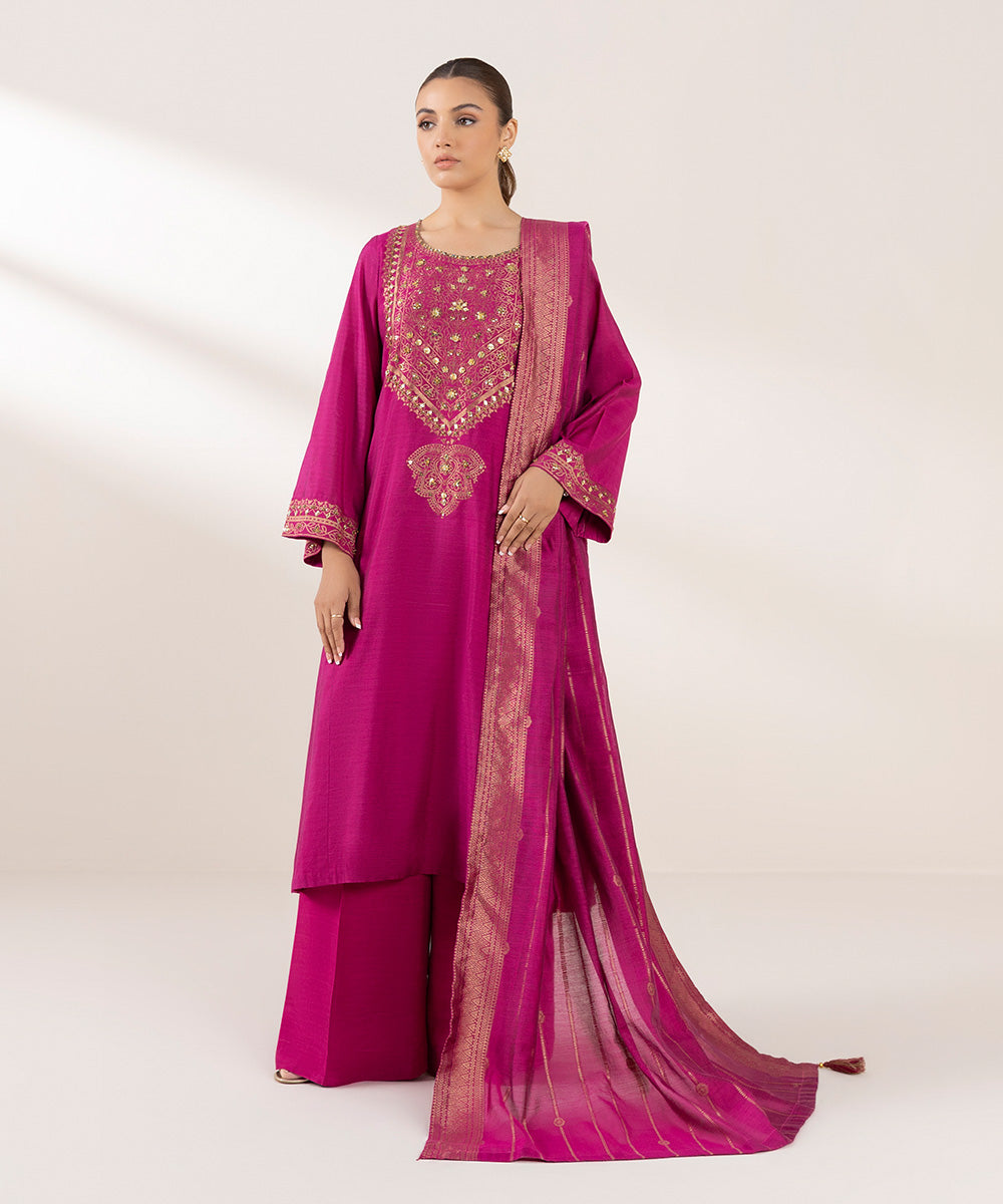 Women's Pret Solid Magenta Fancy Jacquard Three Piece Suit