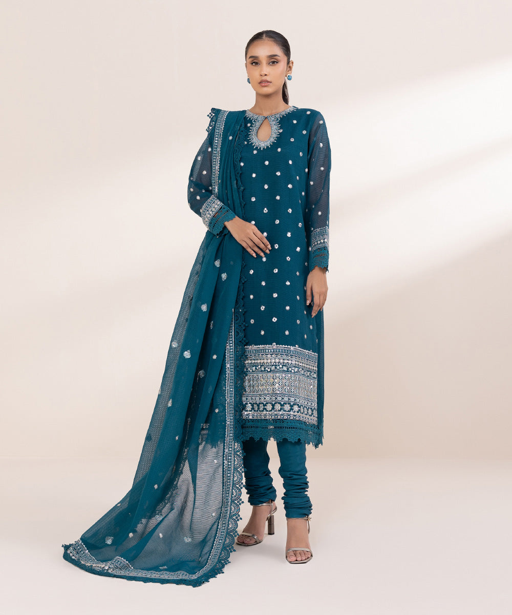 Women's Pret Blended Textured Karandi Blue Embroidered 3 Piece Suit