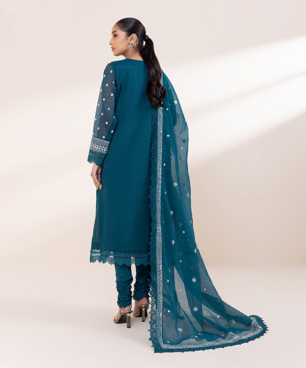 Women's Pret Blended Textured Karandi Blue Embroidered 3 Piece Suit