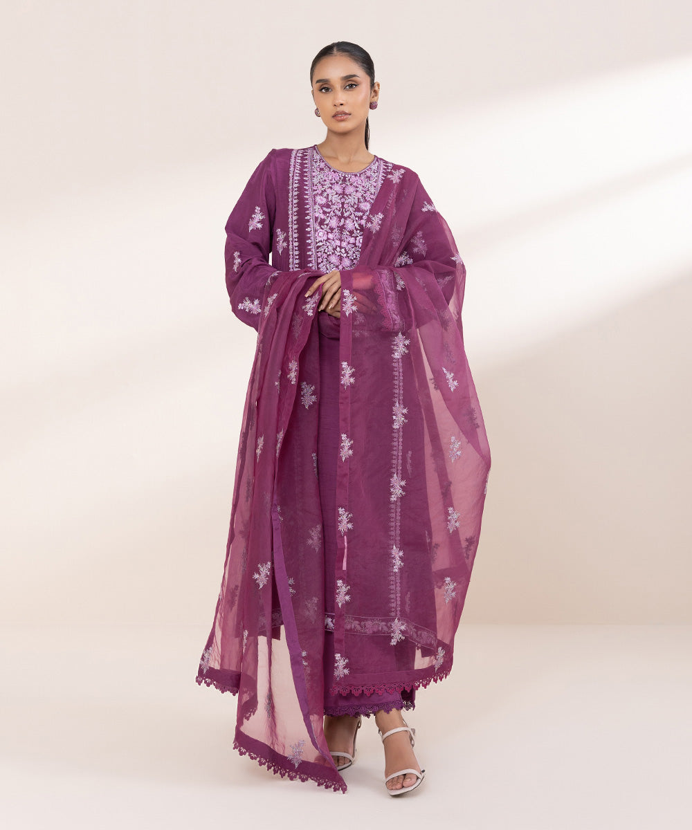 Women's Pret Raw Silk Purple Embroidered 3 Piece Suit