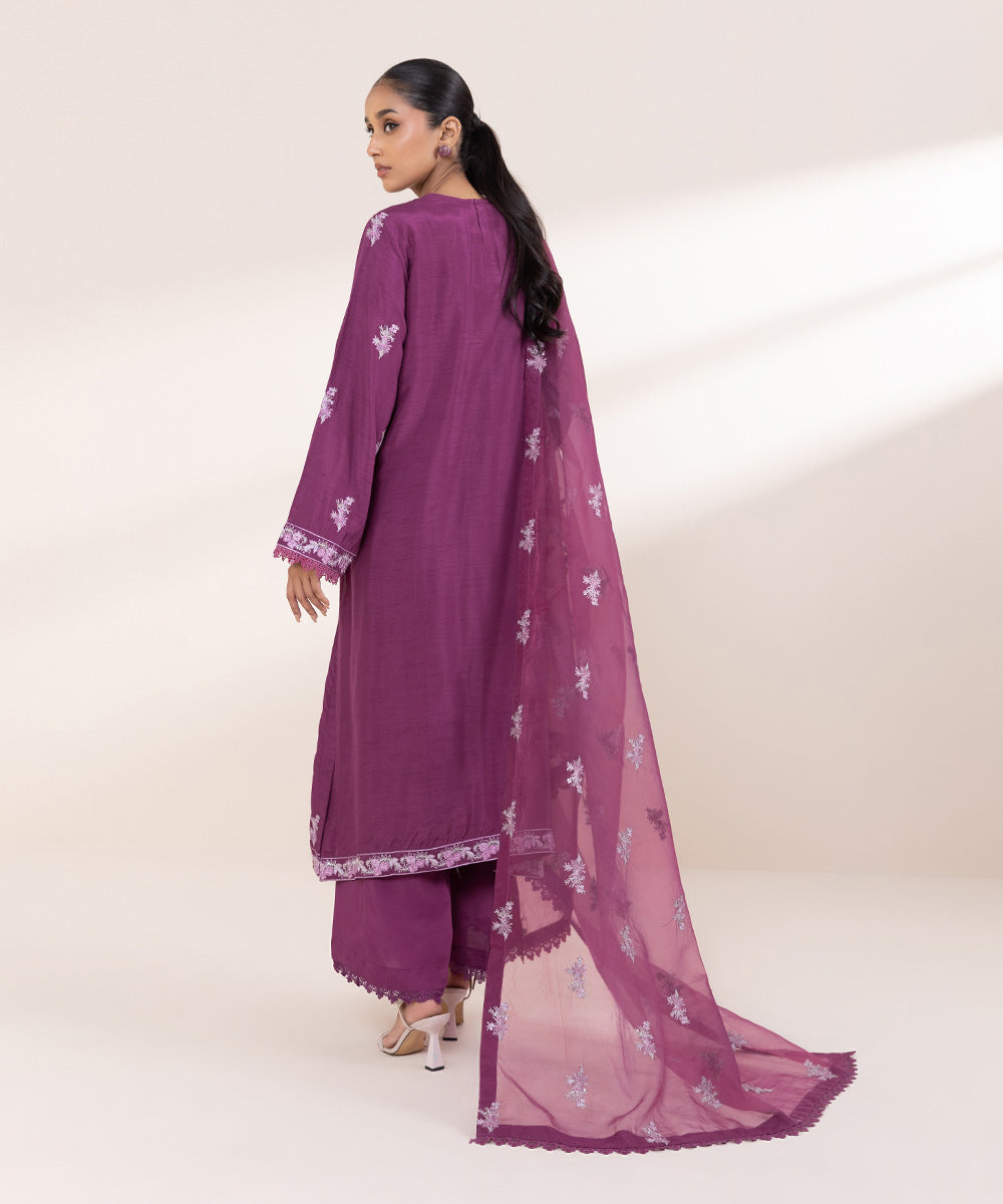 Women's Pret Raw Silk Purple Embroidered 3 Piece Suit