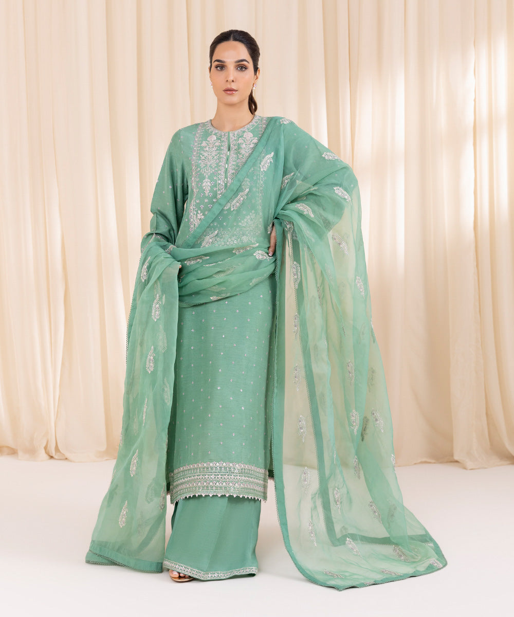 Women's Pret Raw Silk Green Embroidered Three Piece Suit