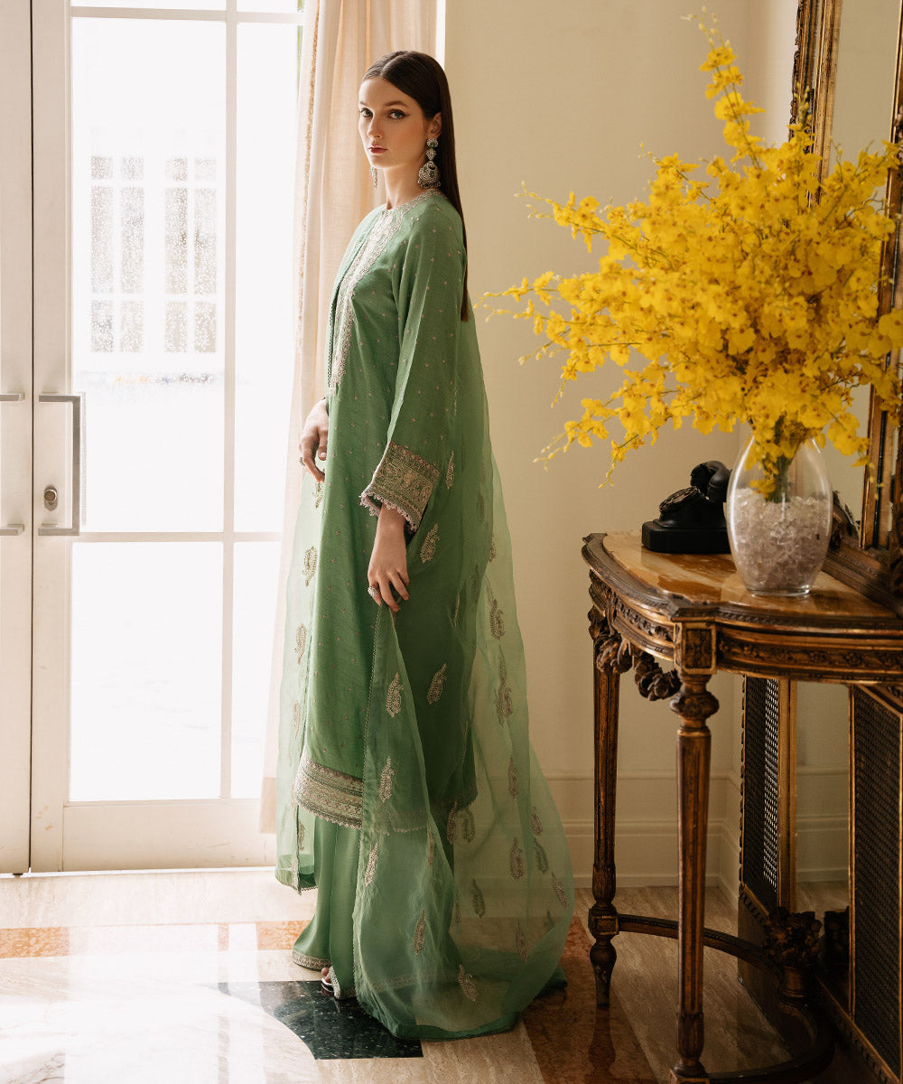 Women's Pret Raw Silk Green Embroidered Three Piece Suit