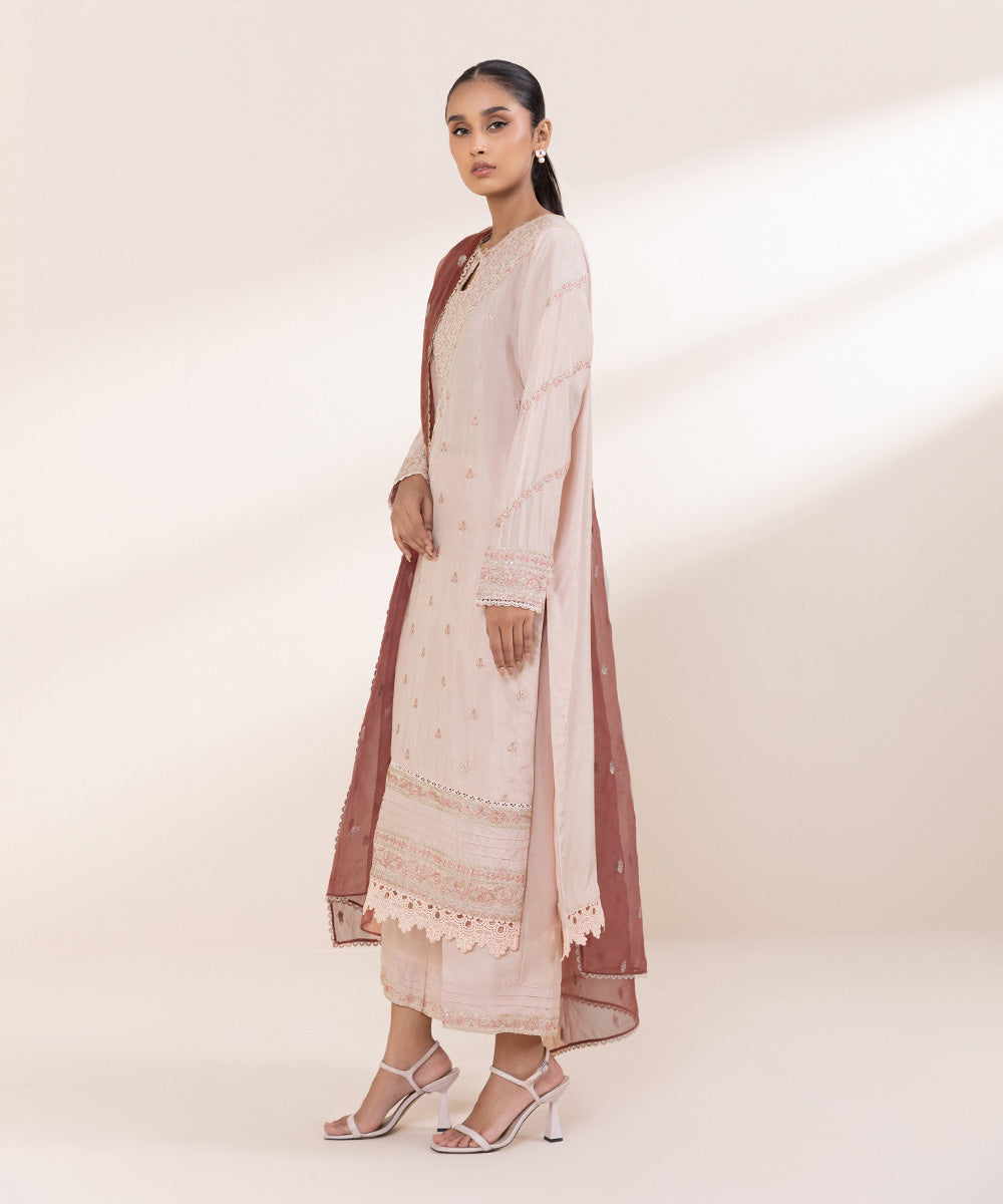 Women's Pret Raw Silk Pink Embroidered 3 Piece Suit