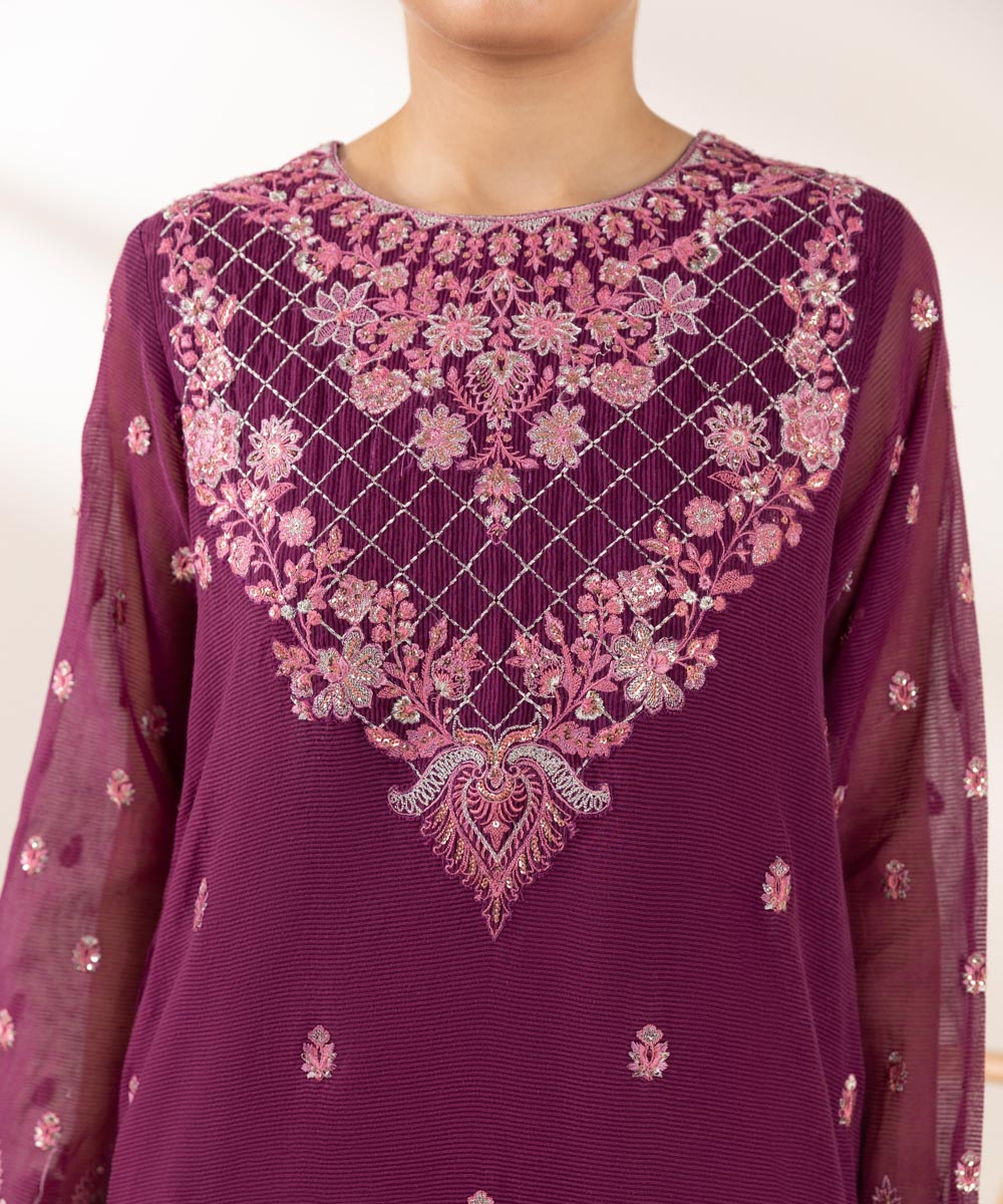 Women's Pret Blended Textured Karandi Purple Embroidered 3 Piece Suit