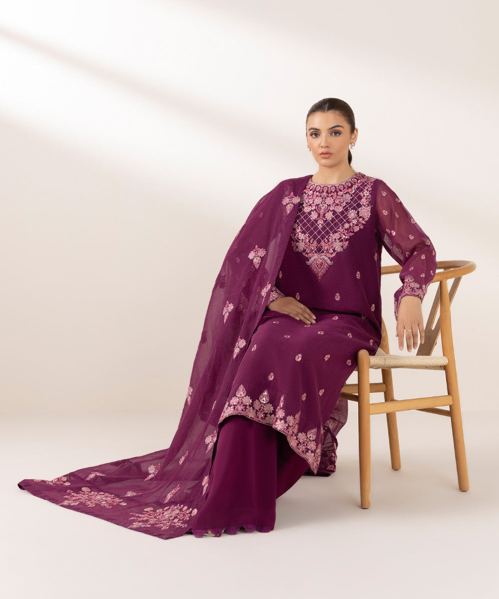 Women's Pret Blended Textured Karandi Purple Embroidered 3 Piece Suit