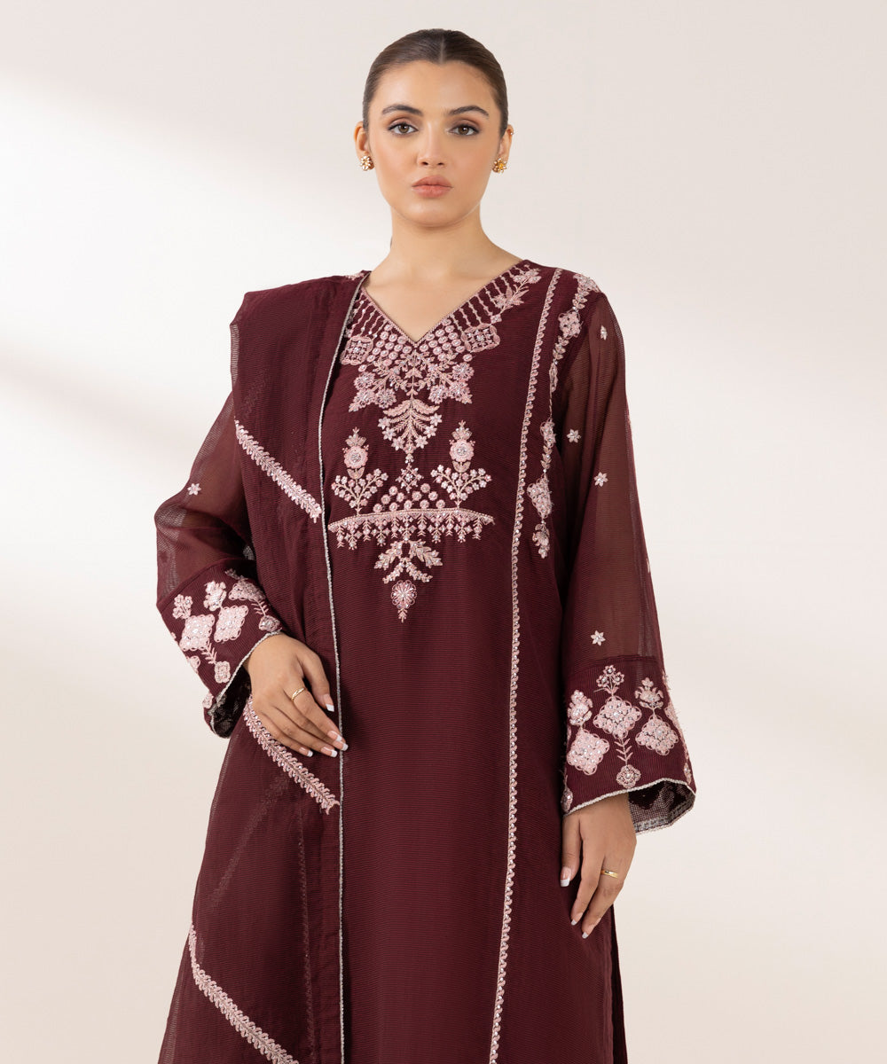 Women's Pret Solid Embroidered Mahogany Blended Textured Karandi Three Piece Suit