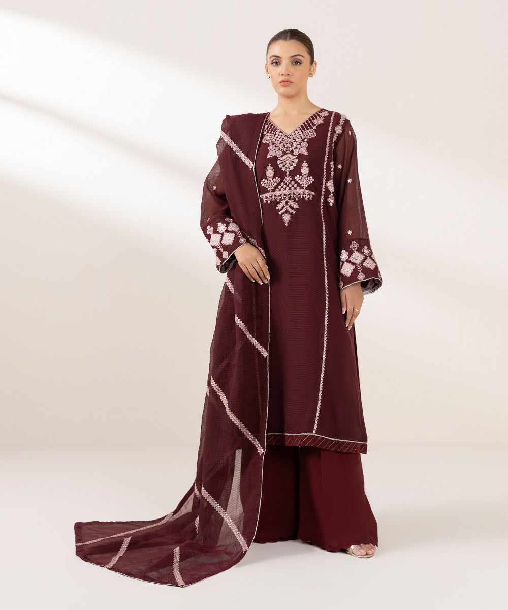 Women's Pret Solid Embroidered Mahogany Blended Textured Karandi Three Piece Suit