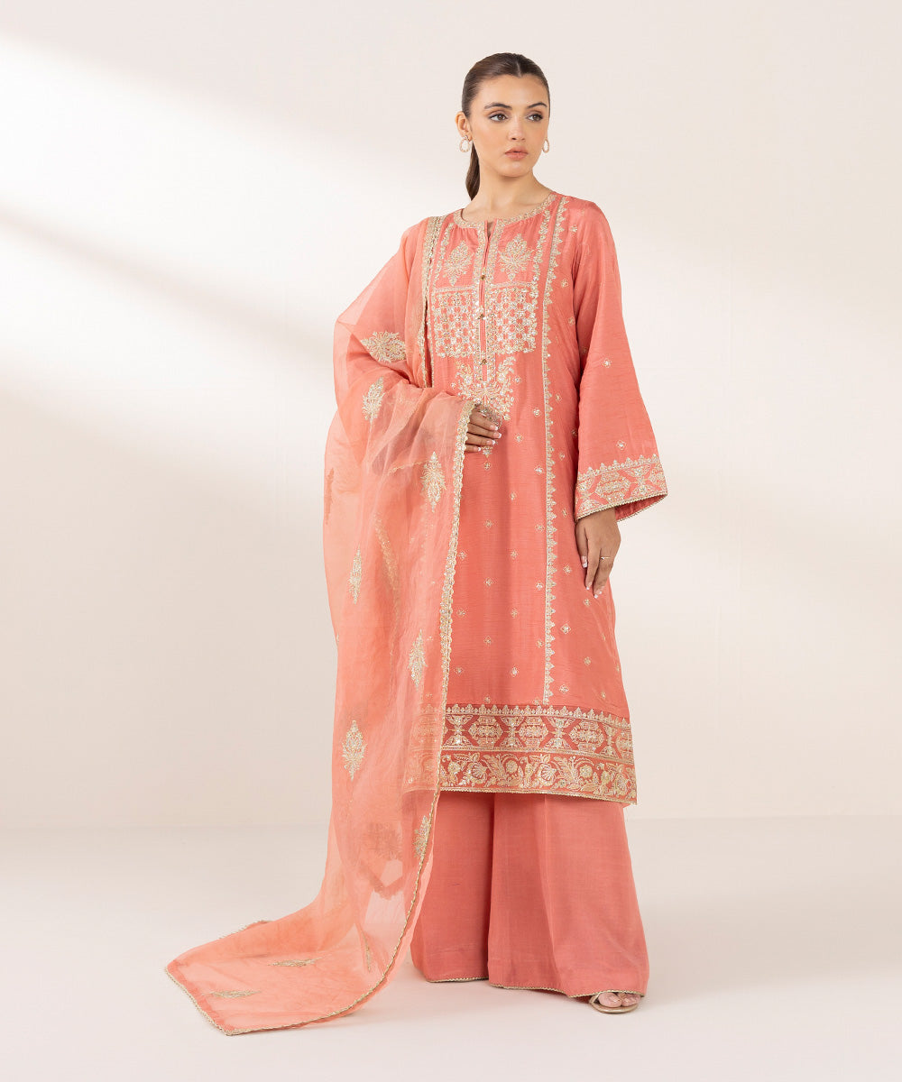 Women's Pret PK Raw Silk Pink Embroidered 3 Piece Suit