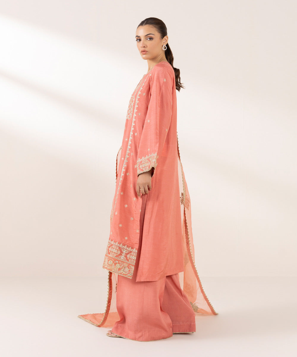 Women's Pret PK Raw Silk Pink Embroidered 3 Piece Suit