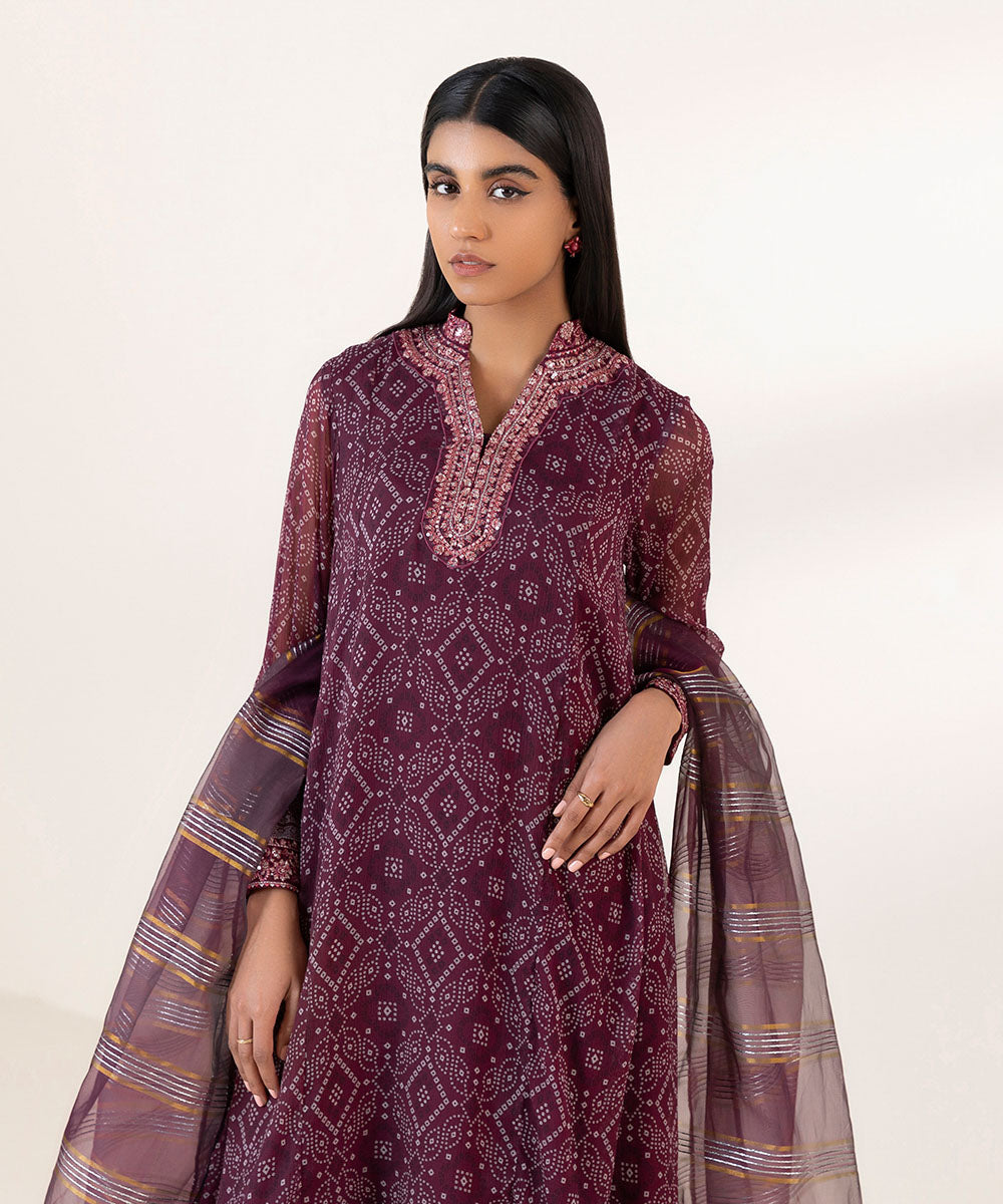 Women's Pret Blended Chiffon Printed Purple 3 Piece Suit